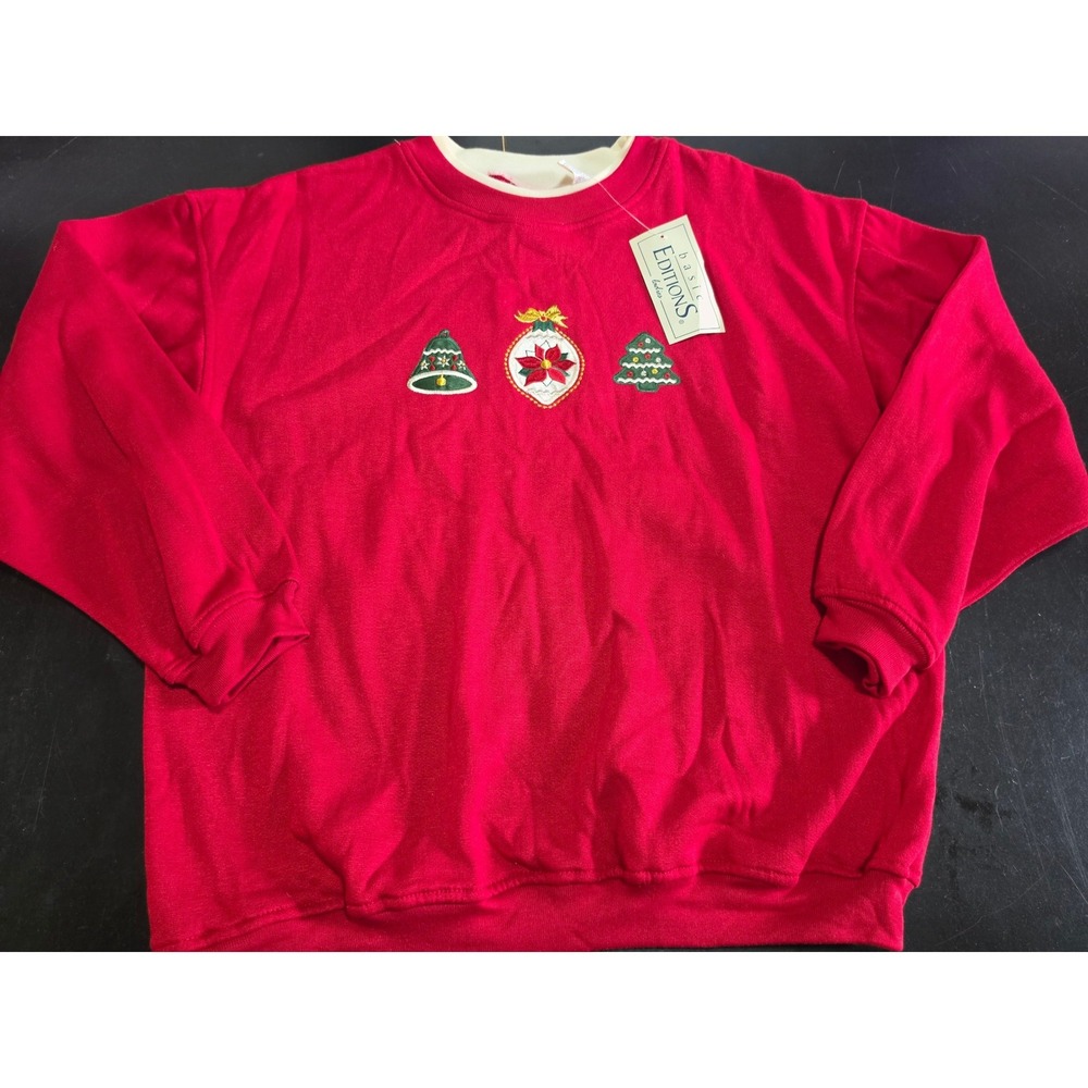 Basic Editions Red Christmas Embroidered Sweatshirt Holiday Poinsettia Tree M